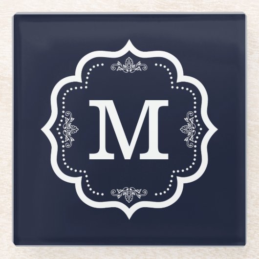 Blauw Navy Monogram Glazen Onderzetter (Voorkant)