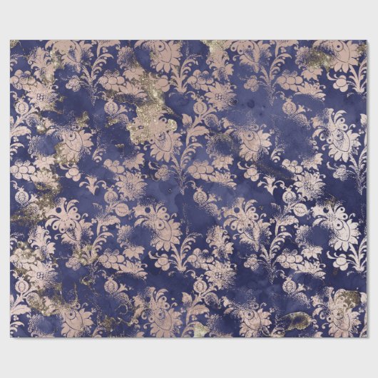 Blauw Navy Roos Gouden Bloem Grafiet Grungy Shabby Cadeaupapier (Vlak)