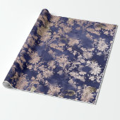 Blauw Navy Roos Gouden Bloem Grafiet Grungy Shabby Cadeaupapier (Uitgerold)
