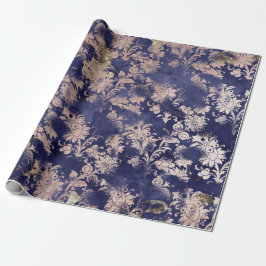 Blauw Navy Roos Gouden Bloem Grafiet Grungy Shabby Cadeaupapier