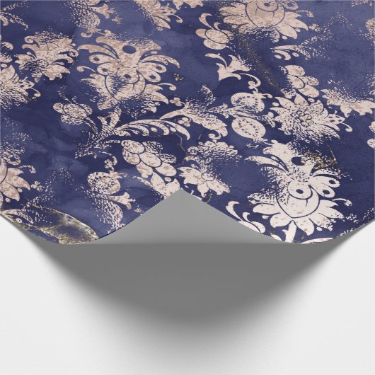 Blauw Navy Roos Gouden Bloem Grafiet Grungy Shabby Cadeaupapier (Hoek)