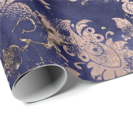Blauw Navy Roos Gouden Bloem Grafiet Grungy Shabby Cadeaupapier (Rol Hoek)