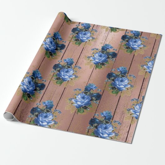 Blauw Navy Roos Hout Rustiek Bloemen Bruiloft Brui Cadeaupapier (Uitgerold)