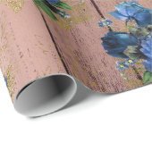 Blauw Navy Roos Hout Rustiek Bloemen Bruiloft Brui Cadeaupapier (Rol Hoek)