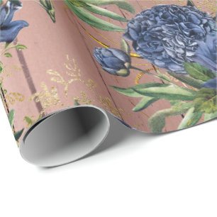 Blauw Navy Roos Hout Rustiek Bloemen Groen Bruilof Cadeaupapier