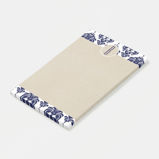 Blauw Navy Wit Glam Damast Kraft Initiaal Post-it® Notes (Schuin)