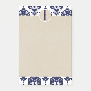 Blauw Navy Wit Glam Damast Kraft Initiaal Post-it® Notes