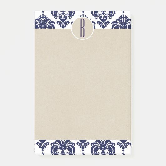 Blauw Navy Wit Glam Damast Kraft Monogram Initiaal Post-it® Notes (Voorkant)