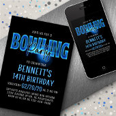 Blauw Neon Bowling Party Uitnodiging voor verjaard