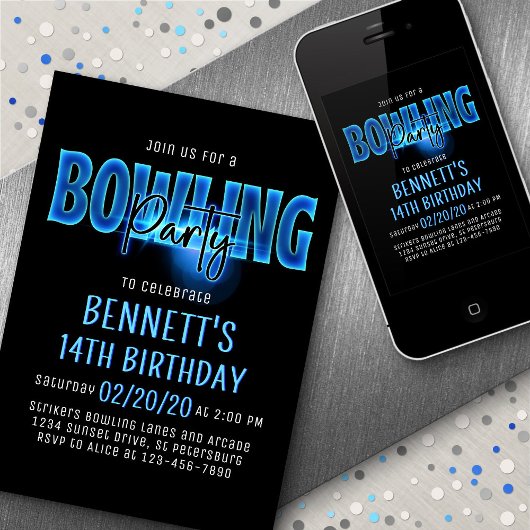 Blauw Neon Bowling Party Uitnodiging voor verjaard