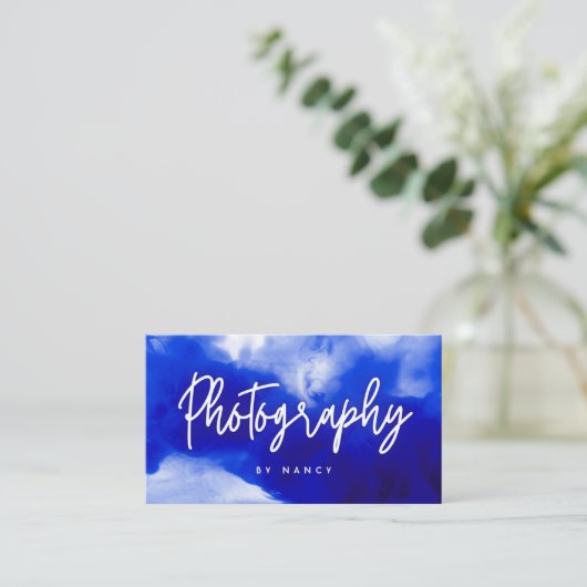 Blauw Neon Fotograaf Fotografie Script Visitekaartje (Staand voorkant)