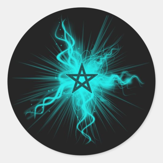 Blauw Neon gloeiend pentagram - heidense symbool Ronde Sticker (Voorkant)