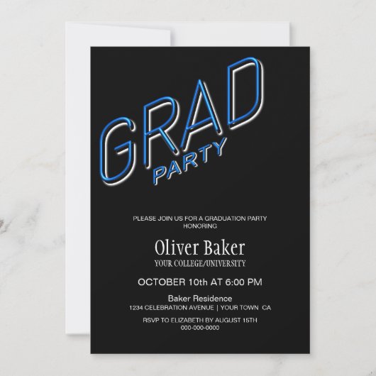Blauw neon teken zwart afstudeerfeest uitnodiging (Voorkant)