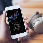 Blauw neon teken zwart afstudeerfeest uitnodiging