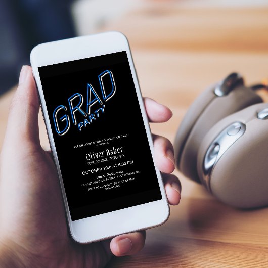 Blauw neon teken zwart afstudeerfeest uitnodiging