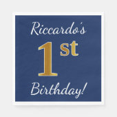 Blauw, Nep Goud 1e Verjaardag + Aangepaste Naam Servetten (Voorkant)