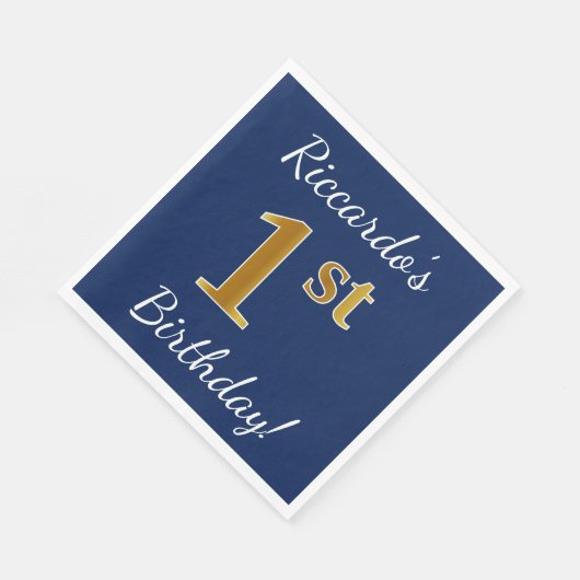 Blauw, Nep Goud 1e Verjaardag + Aangepaste Naam Servetten (Hoek)