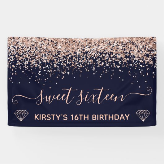 Blauw & Nep Roze Goud Glitter Sweet 16 Spandoek (Horizontaal)
