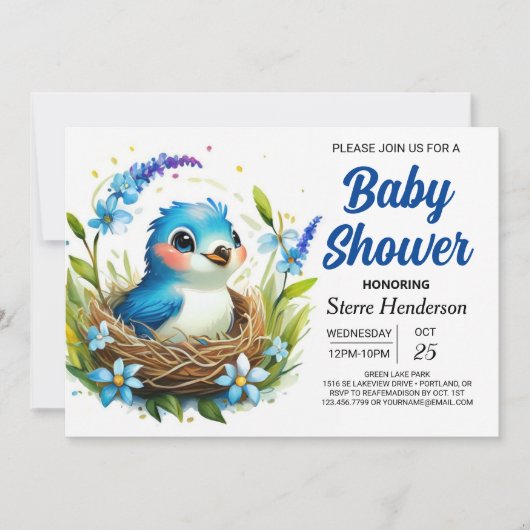 Blauw Nest Elegant Bird Boy Baby shower Kaart (Voorkant)