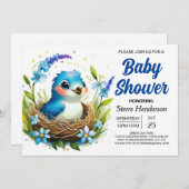 Blauw Nest Elegant Bird Boy Baby shower Kaart (Voorkant / Achterkant)