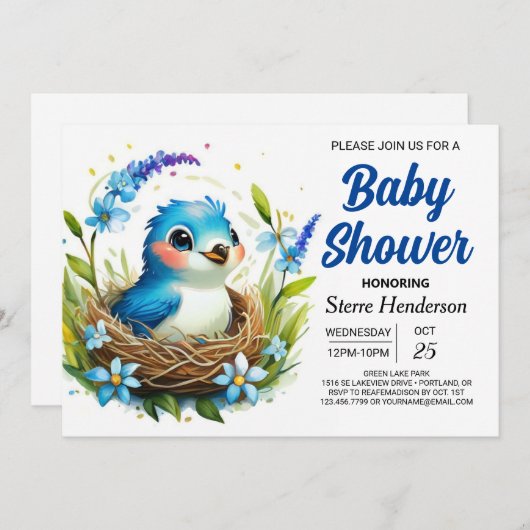 Blauw Nest Elegant Bird Boy Baby shower Kaart (Voorkant / Achterkant)
