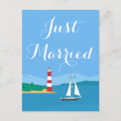 Blauw Net Getrouwd Vuurtoren & Zeilboot Bruiloft Aankondigingskaart (Voorkant)