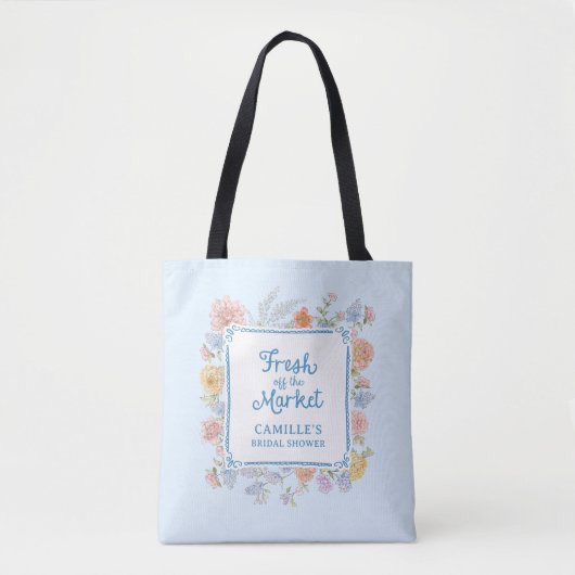 Blauw 'Net van de Markt' Bruidsdouche Tote Bag (Voorkant)