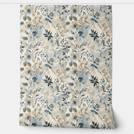 Blauw Neutraal Bloemmotief Vintage Behang