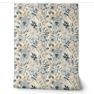 Blauw Neutraal Bloemmotief Vintage Behang