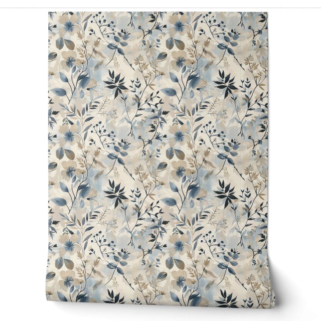 Blauw Neutraal Bloemmotief Vintage Behang (Afrollen)