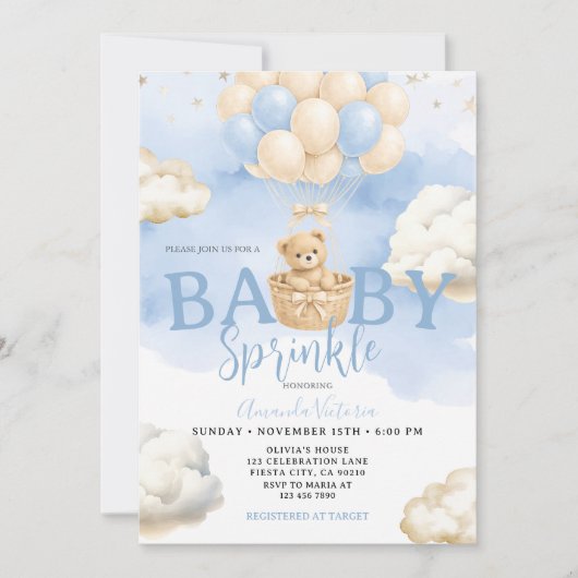 Blauw Neutrale Beer Wolk Ballon Baby Shower Kaart (Voorkant)