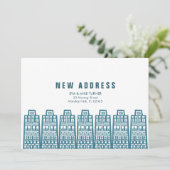 Blauw nieuw adres met retro cartoon gebouwen kaart (Staand voorkant)