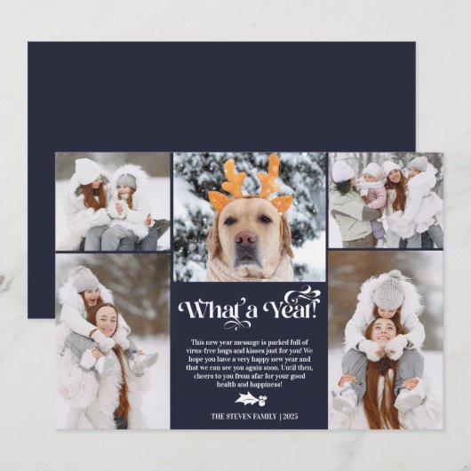 Blauw nieuwjaar in review 5 foto-inkuilraster feestdagenkaart (Voorkant / Achterkant)
