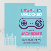 Blauw niveau onvergrendelde gamer Boy Birthday Inv Kaart (Voorkant / Achterkant)