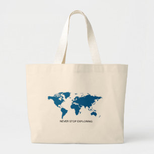 Blauw Nooit stoppen met het verkennen van Wereldka Grote Tote Bag