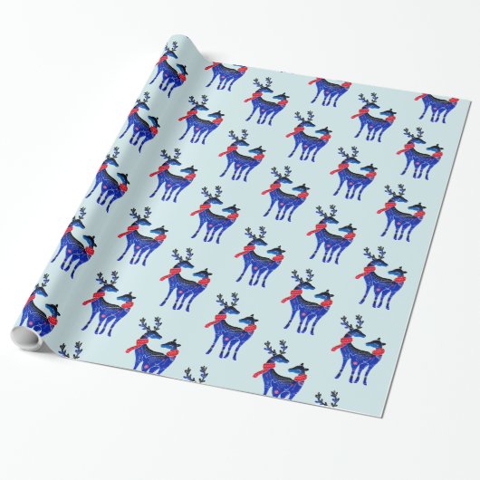 Blauw noords kerstrendierpatroon cadeaupapier (Uitgerold)