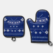 Blauw Noors Breiwerk, Ovenwant & Pannenlap Set (Voorkant)