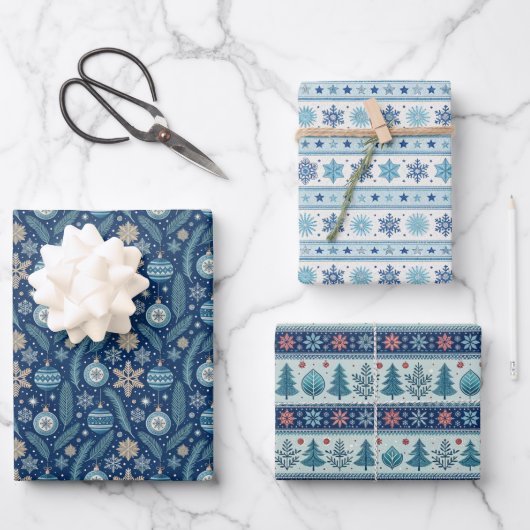 Blauw Noors Kerst Inpakpapier Vellen (Voorkant)