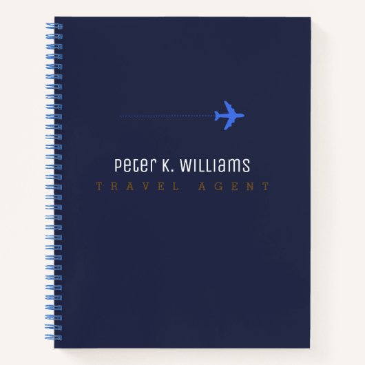 blauw notitieboek met reisagent met vliegtuig (Voorkant)