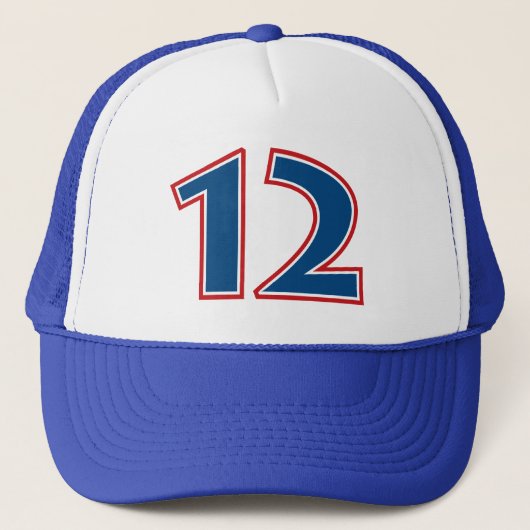 Blauw nummer 12 trucker pet (Voorkant)