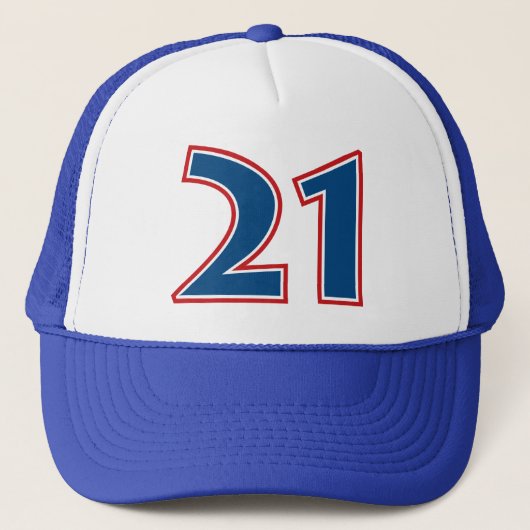 Blauw nummer 21 trucker pet (Voorkant)