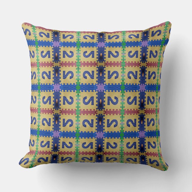 Blauw nummer 2 op vierkant gouden puzzelontwerp kussen (Voorkant)