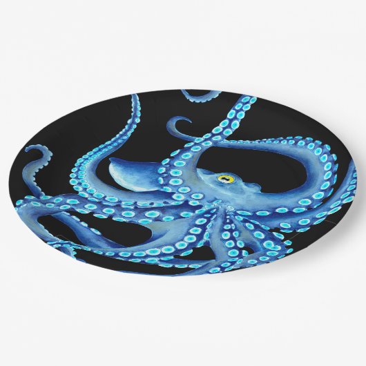 Blauw Octopus Black Papieren Bordje (Gekanteld)