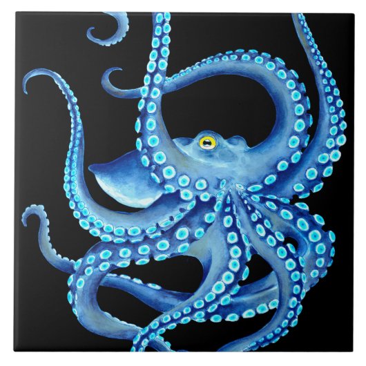 Blauw Octopus Black Tegeltje (Voorkant)