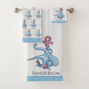 Blauw Octopus Coastal White Wood Nautal Bad Handdoek