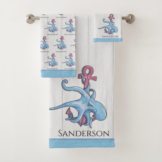 Blauw Octopus Coastal White Wood Nautal Bad Handdoek (Insitu)