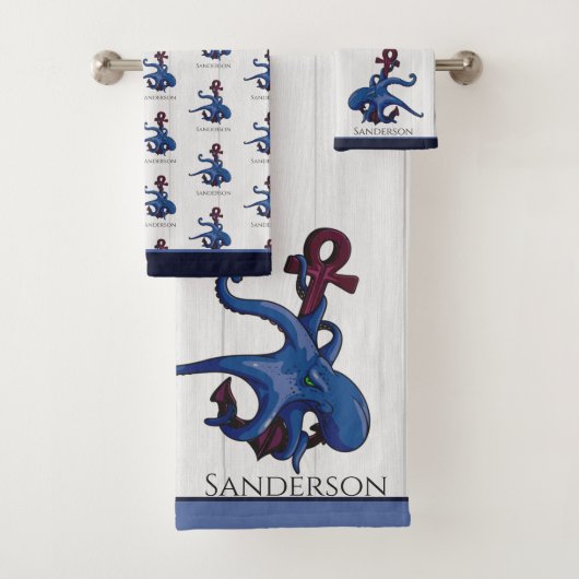 Blauw octopus Coastal White Wood Nautal Bath to Bad Handdoek (Insitu)