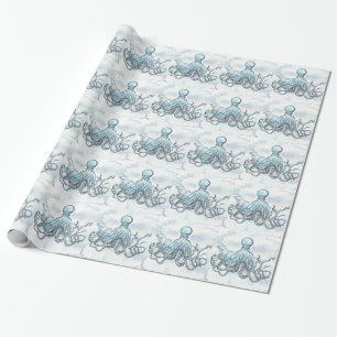 Blauw octopus glanzend omslagpapier, 30 x 6 inch cadeaupapier