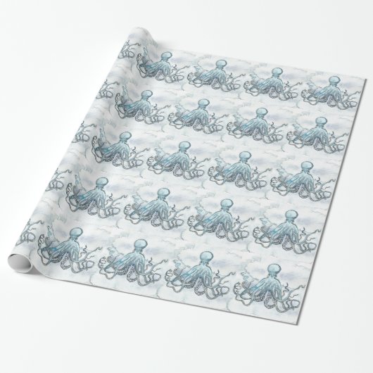 Blauw octopus glanzend omslagpapier, 30 x 6 inch cadeaupapier (Uitgerold)