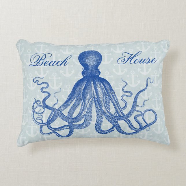  Blauw Octopus met Anchors Gepersonaliseerd Accent Kussen (Voorkant)